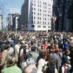 Crowds gather outside St. Patrick's Cathedral, 1970s.